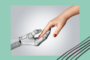 Roboter und Frau geben sich die Hand