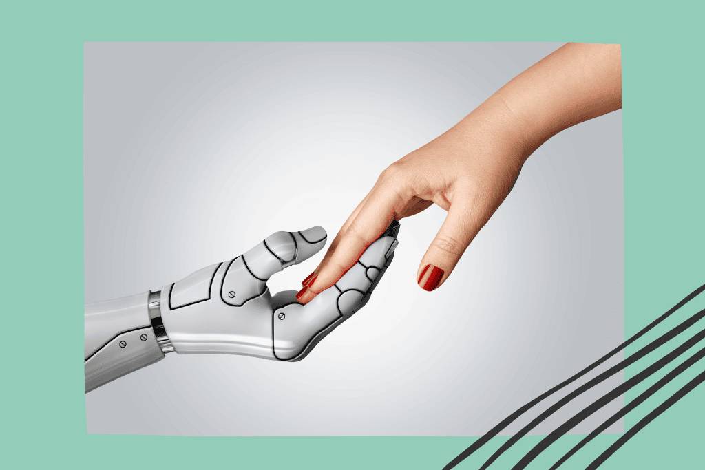 Bloggen mit Chat GTP Roboter und Frau geben sich die Hand