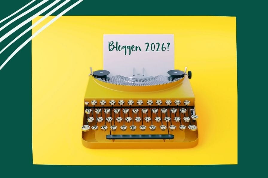 Eine Schreibmaschine zeigt ein Blatt, auf dem die Frage steht: Bloggen 2026?